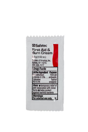 Safetec first aid and burn cream packet on a white background
