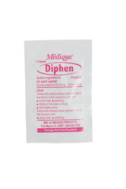 Medique Diphen medication packet on a white background