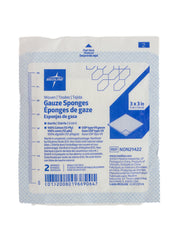 Pack of Medline gauze sponges with blue and white packaging on a white background