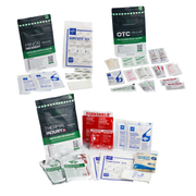 Four emergency first aid field kit pouches and assorted medical supplies arranged on a white background, including Minor Incident, SureSite 123, OTC Field Kit, and Thermal Injury kits.