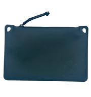 A dark teal silicone pouch with a zipper closure, featuring a small embossed clover logo in the bottom right corner and a black zipper pull.