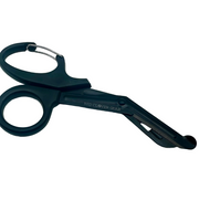 Black trauma shears with a spring-loaded clip and serrated blade, shown on a plain white background.