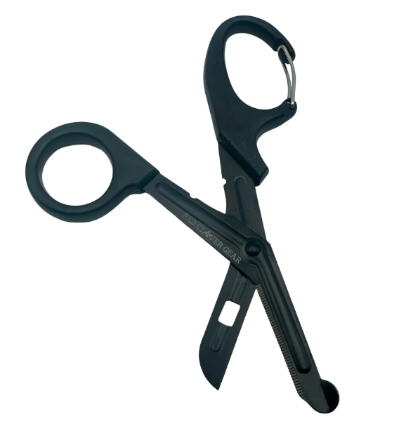 Black medical shears with a carabiner clip on one handle and an oxygen tank key on the other, shown against a plain white background.