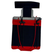 A red and black drawstring pouch with a black strap and silver patterned trim, shown against a plain white background.