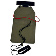 An olive green tactical pouch with a black strap and red elastic cord, shown on a plain white background with a black wrist loop below it.