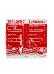Two Burnshield sterile trauma hydrogel packets on a white background