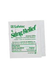 Safetec Sting Relief insect bite antiseptic and pain reliever packet on a white background